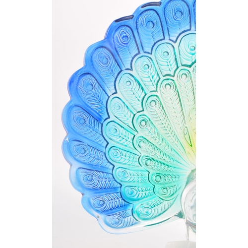 23 - A contemporary studio art glass ornament in the form of a peacock bird. Having green and blue feathe... 