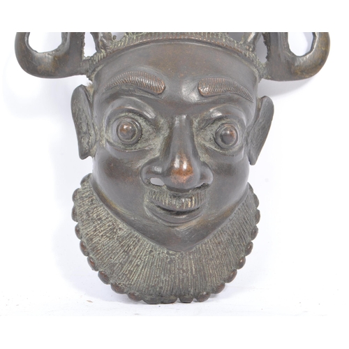 244 - A 20th century North African Cameroon bronze mask - Tikun/Bamun people. Having twin reptiles / chame... 