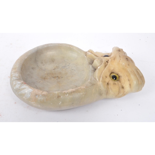 273 - Early 20th century carved stone soap dish / ash tray. In the form of an owl with glass eye decoratio... 