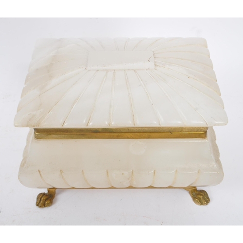 284 - A vintage 20th century alabaster trinket box / jewellery case. With gilt metal mounts and lion claw ... 