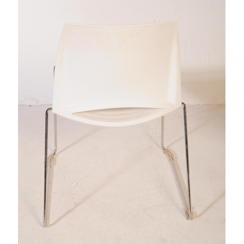 586 - Frovi - A set of three mid 20th century canteen / bistro / café dining chairs. Having moulded white ... 