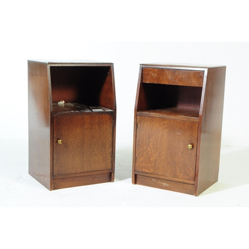 652 - Pair of 20th century post war oak veneer bedside cabinets with locker doors and open shelves. Measur... 