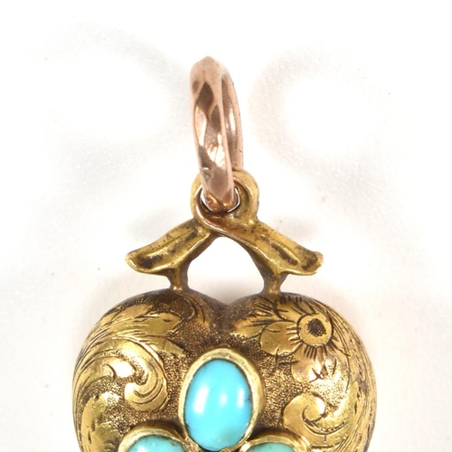 10 - A 19th century 15ct gold and turquoise heart locket pendant. The Georgian pendant set with turquoise... 