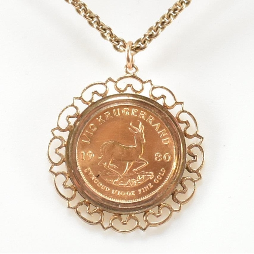 109 - A hallmarked 9ct gold mounted 1/10 OZ  Krugerrand 1980 mounted pendant necklace. The necklace strung... 