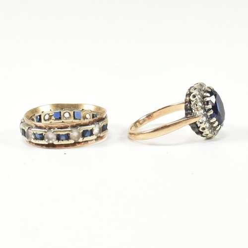 128 - Two 9ct gold rings. The rings to include A 9ct gold synthetic sapphire cluster ring together with an... 