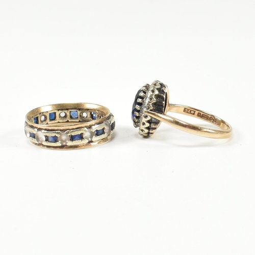 128 - Two 9ct gold rings. The rings to include A 9ct gold synthetic sapphire cluster ring together with an... 