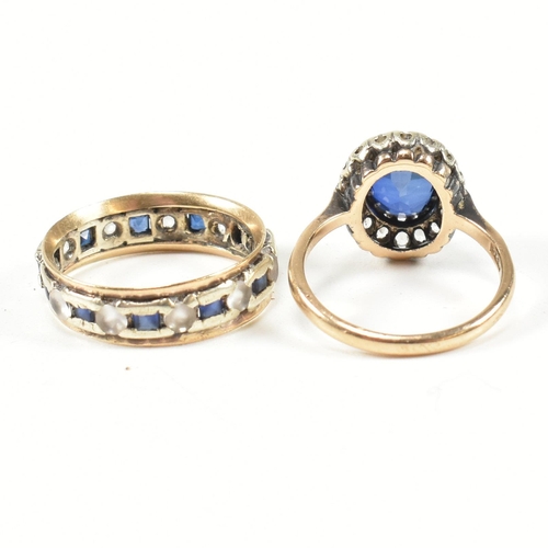 128 - Two 9ct gold rings. The rings to include A 9ct gold synthetic sapphire cluster ring together with an... 