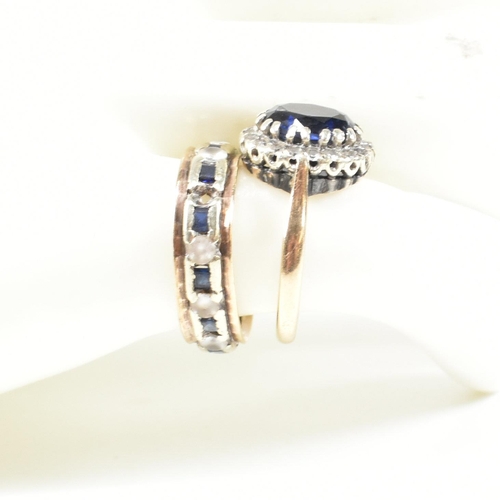 128 - Two 9ct gold rings. The rings to include A 9ct gold synthetic sapphire cluster ring together with an... 