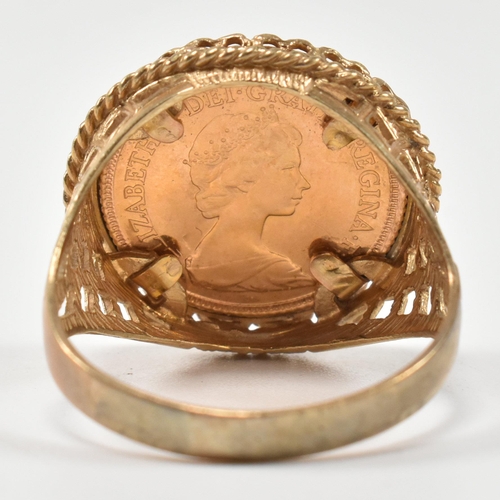 133 - A hallmarked 9ct gold and half sovereign signet ring. The ring set with a half sovereign dated 1982 ... 