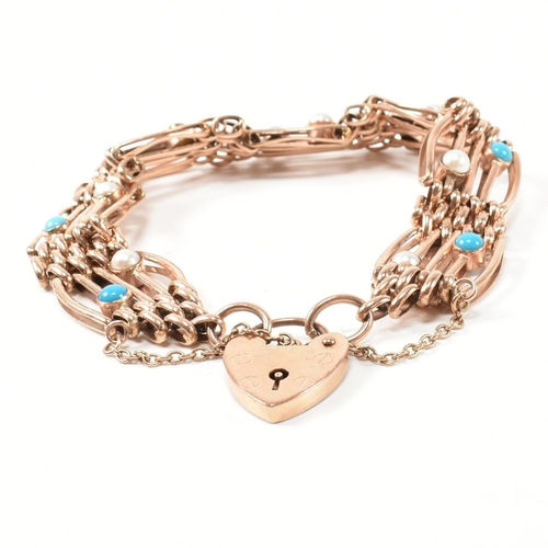 134 - A hallmarked 9ct rose gold, pearl and turquoise gate link bracelet. The 9ct rose gold gate link brac... 