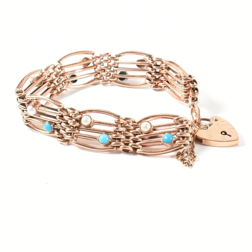 134 - A hallmarked 9ct rose gold, pearl and turquoise gate link bracelet. The 9ct rose gold gate link brac... 