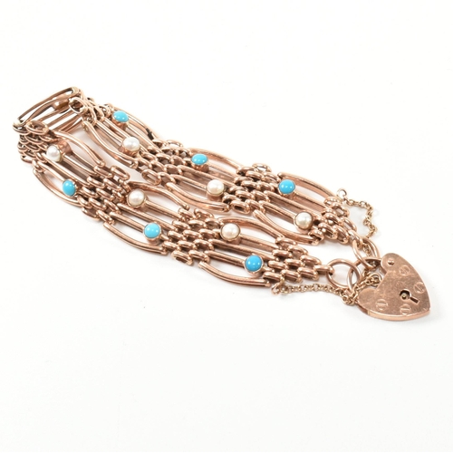 134 - A hallmarked 9ct rose gold, pearl and turquoise gate link bracelet. The 9ct rose gold gate link brac... 