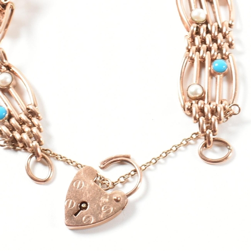 134 - A hallmarked 9ct rose gold, pearl and turquoise gate link bracelet. The 9ct rose gold gate link brac... 