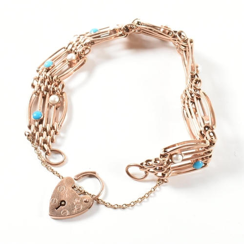 134 - A hallmarked 9ct rose gold, pearl and turquoise gate link bracelet. The 9ct rose gold gate link brac... 