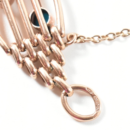 134 - A hallmarked 9ct rose gold, pearl and turquoise gate link bracelet. The 9ct rose gold gate link brac... 