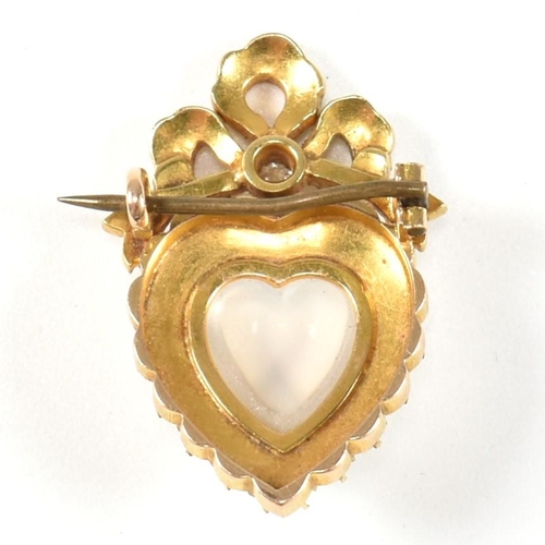 15 - A 19th century gold diamond moonstone & pearl heart brooch pin. The brooch set with a central moonst... 