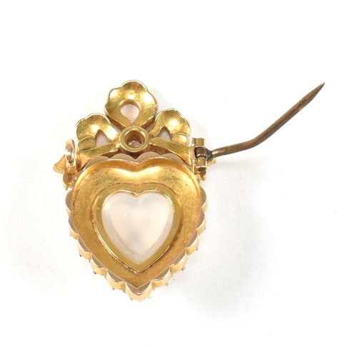 15 - A 19th century gold diamond moonstone & pearl heart brooch pin. The brooch set with a central moonst... 