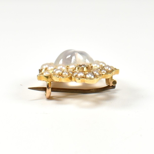 15 - A 19th century gold diamond moonstone & pearl heart brooch pin. The brooch set with a central moonst... 