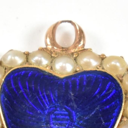 150 - A late Georgian/early Victorian 18ct gold, guilloche enamel and pearl heart necklace pendant. The an... 