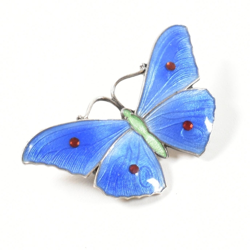 155 - Early 20th century guilloche enamel butterfly brooch. The silver butterfly brooch pin having blue gu... 