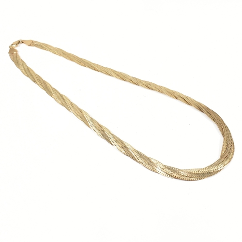 168 - A hallmarked 9ct gold twisted triple herringbone chain necklace. The necklace having three flat herr... 