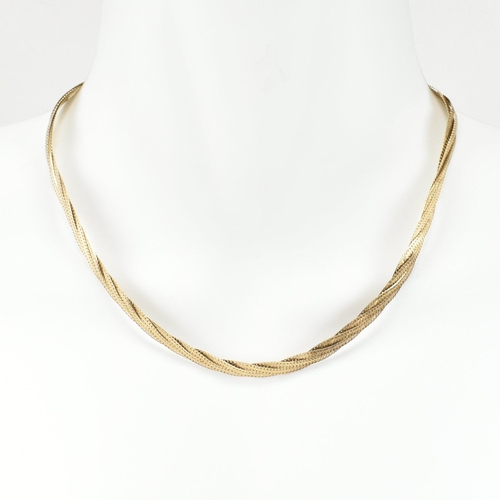 168 - A hallmarked 9ct gold twisted triple herringbone chain necklace. The necklace having three flat herr... 