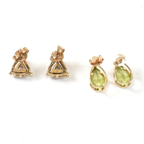 173 - Two pairs of 9ct gold and gem set stud earrings. The earrings to include a pair of 9ct gold, trillio... 