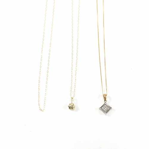 192 - Three 9ct gold, diamond and gem set chain necklaces. The gold necklaces to include a 9ct gold pendan... 