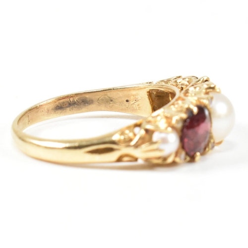 20 - A gold pearl and garnet and diamond five stone ring. The ring set with three half pearls and two rou... 