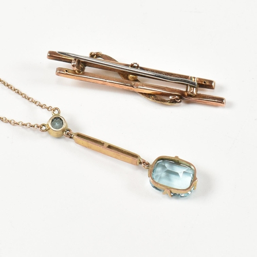 203 - A 9ct gold and blue paste pendant necklace together with a 9ct gold and seed pearl brooch pin. The 9... 