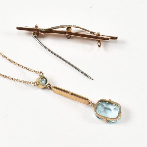 203 - A 9ct gold and blue paste pendant necklace together with a 9ct gold and seed pearl brooch pin. The 9... 