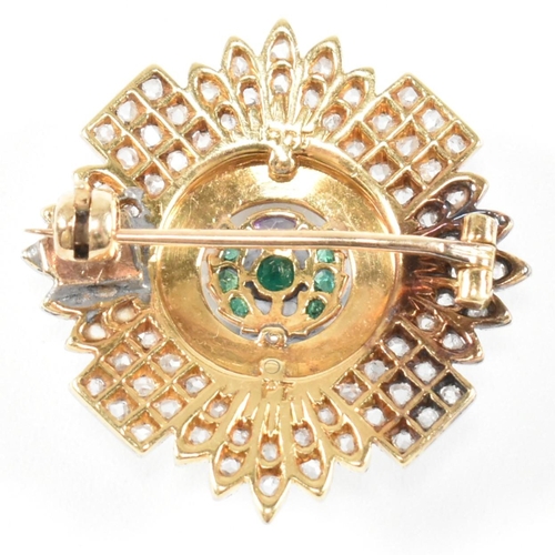 21 - An early 20th century military interest Scots Guards 18ct gold emerald and amethyst and diamond broo... 