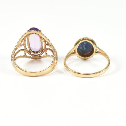 220 - A hallmarked 9ct gold and amethyst ring and a hallmarked 9ct gold and synthetic opal ring. The dress... 