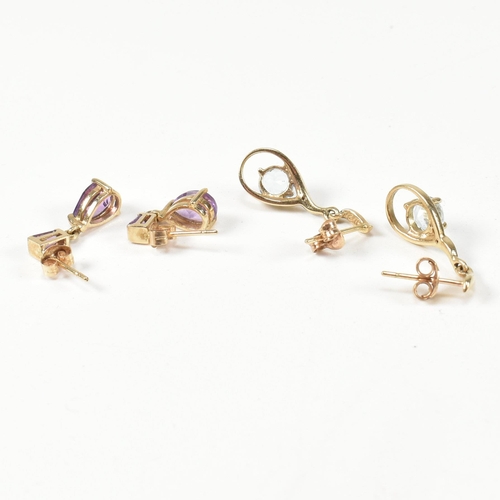 227 - Two pairs of 9ct gold and gem set pendant earrings. The earrings to include a pair of 9ct gold penda... 