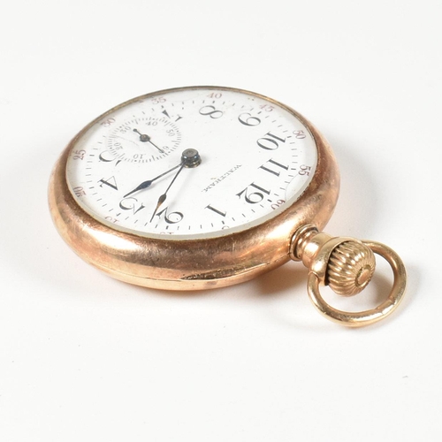 23 - Waltham 14k gold pocket fob watch. Enamel dial with Arabic numerals with red marked seconds numbers.... 