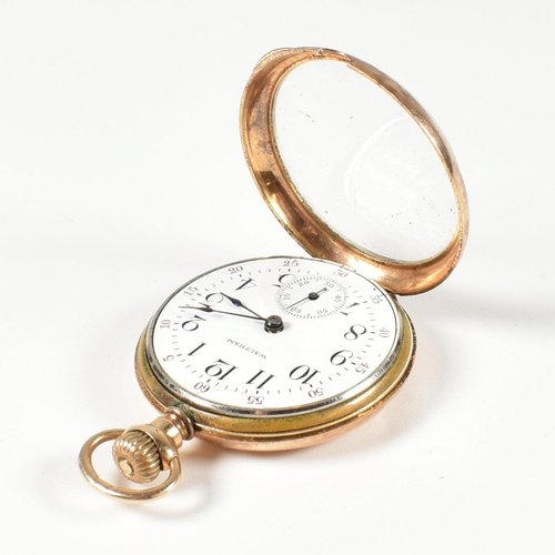 23 - Waltham 14k gold pocket fob watch. Enamel dial with Arabic numerals with red marked seconds numbers.... 