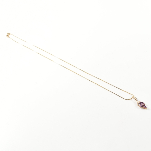 238 - An Italian hallmarked 9ct gold, diamond and amethyst pendant necklace. The 9ct gold necklace strung ... 