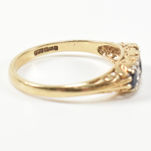 243 - A hallmarked 9ct gold, diamond and sapphire half hoop ring. The antique style ring having three grad... 