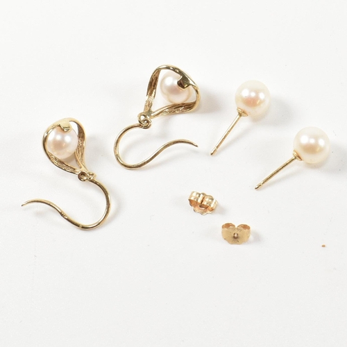 245 - Two pairs of gold and cultured pearl earrings. The earrings to include a pair of 14ct gold and cultu... 