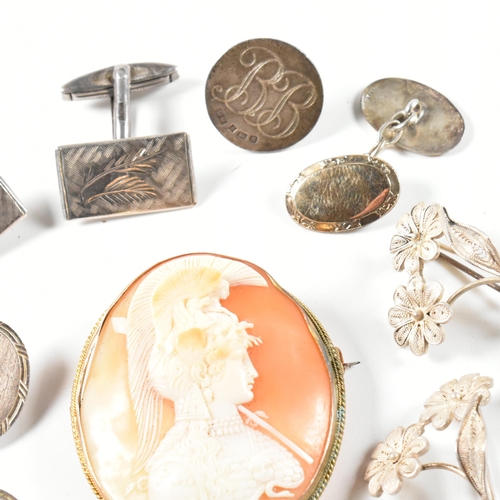 255 - A collection of silver jewellery including a cameo brooch pin. The jewellery to include a hallmarked... 