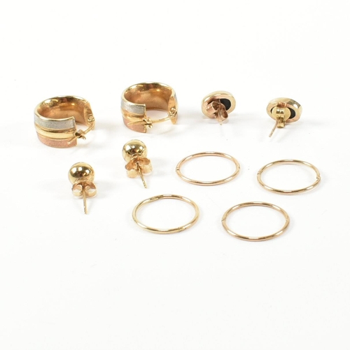 258 - A collection of 9ct gold hoop and stud earrings. The earrings to include a pair of 9ct gold three to... 