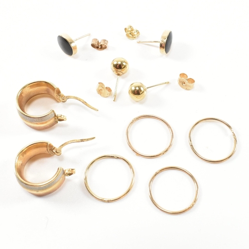 258 - A collection of 9ct gold hoop and stud earrings. The earrings to include a pair of 9ct gold three to... 