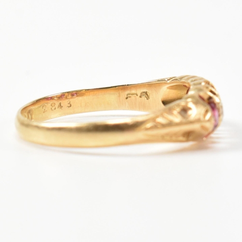 272 - An early 20th century hallmarked 18ct gold, ruby and diamond gypsy ring. The ring having a central o... 