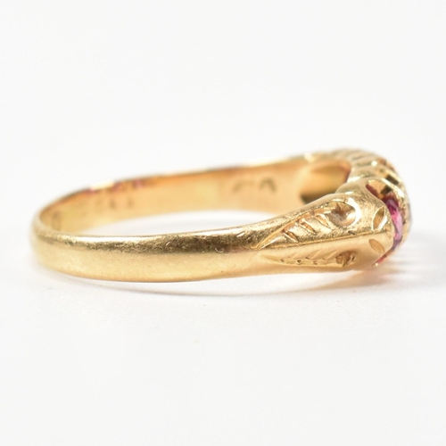 272 - An early 20th century hallmarked 18ct gold, ruby and diamond gypsy ring. The ring having a central o... 