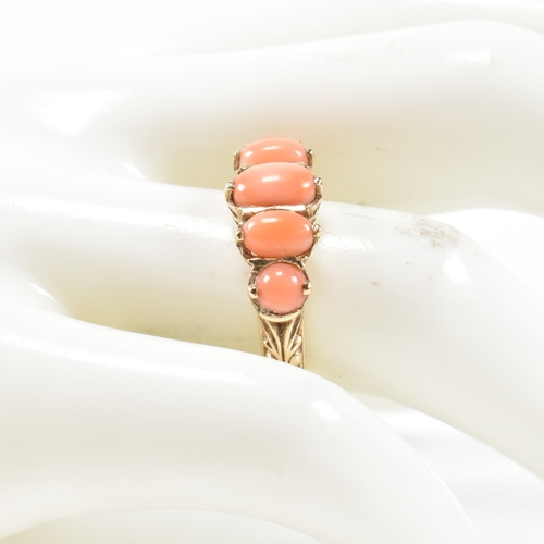 276 - A hallmarked 9ct gold and coral five stone ring. The ring set with five oval opal cabochons to a tex... 