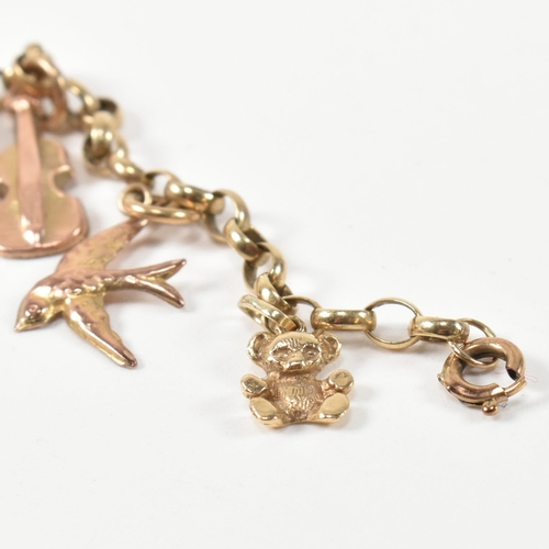 280 - A hallmarked 9ct gold charm bracelet. The 9ct gold charm bracelet having eight hallmarked 9ct gold c... 