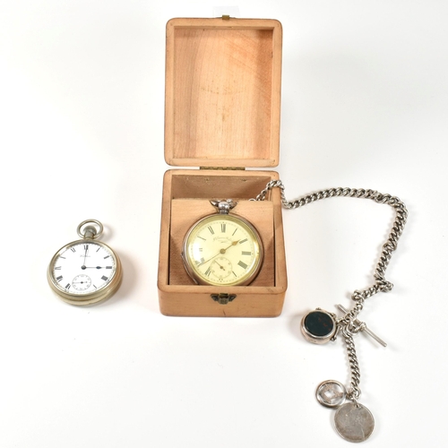 282 - A J.G. Graves pocket watch on a silver albert chain and a silver Waltham pocket watch. The watches t... 