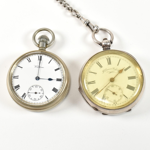 282 - A J.G. Graves pocket watch on a silver albert chain and a silver Waltham pocket watch. The watches t... 