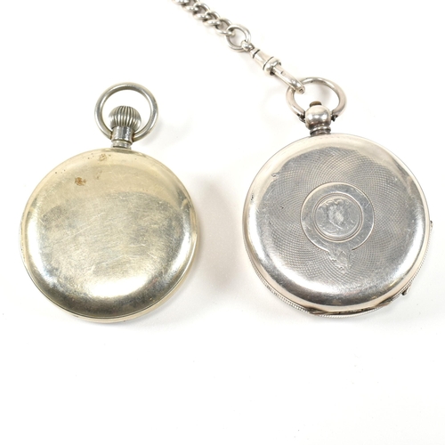 282 - A J.G. Graves pocket watch on a silver albert chain and a silver Waltham pocket watch. The watches t... 