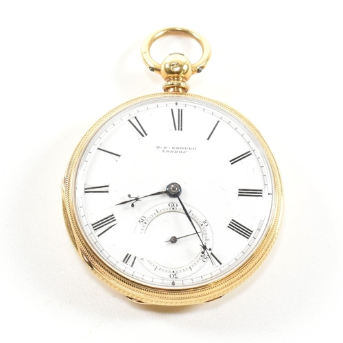 3 - A Victorian hallmarked 18ct gold open faced key wind pocket watch, the 48mm enamel dial signed 'T F ... 